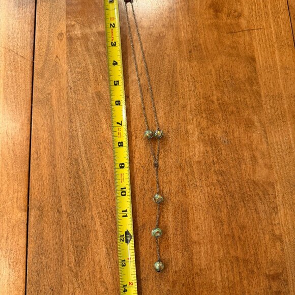 Silver Y-chain with green-and-gold marbled shimmery blown glass beads - Picture 4 of 9